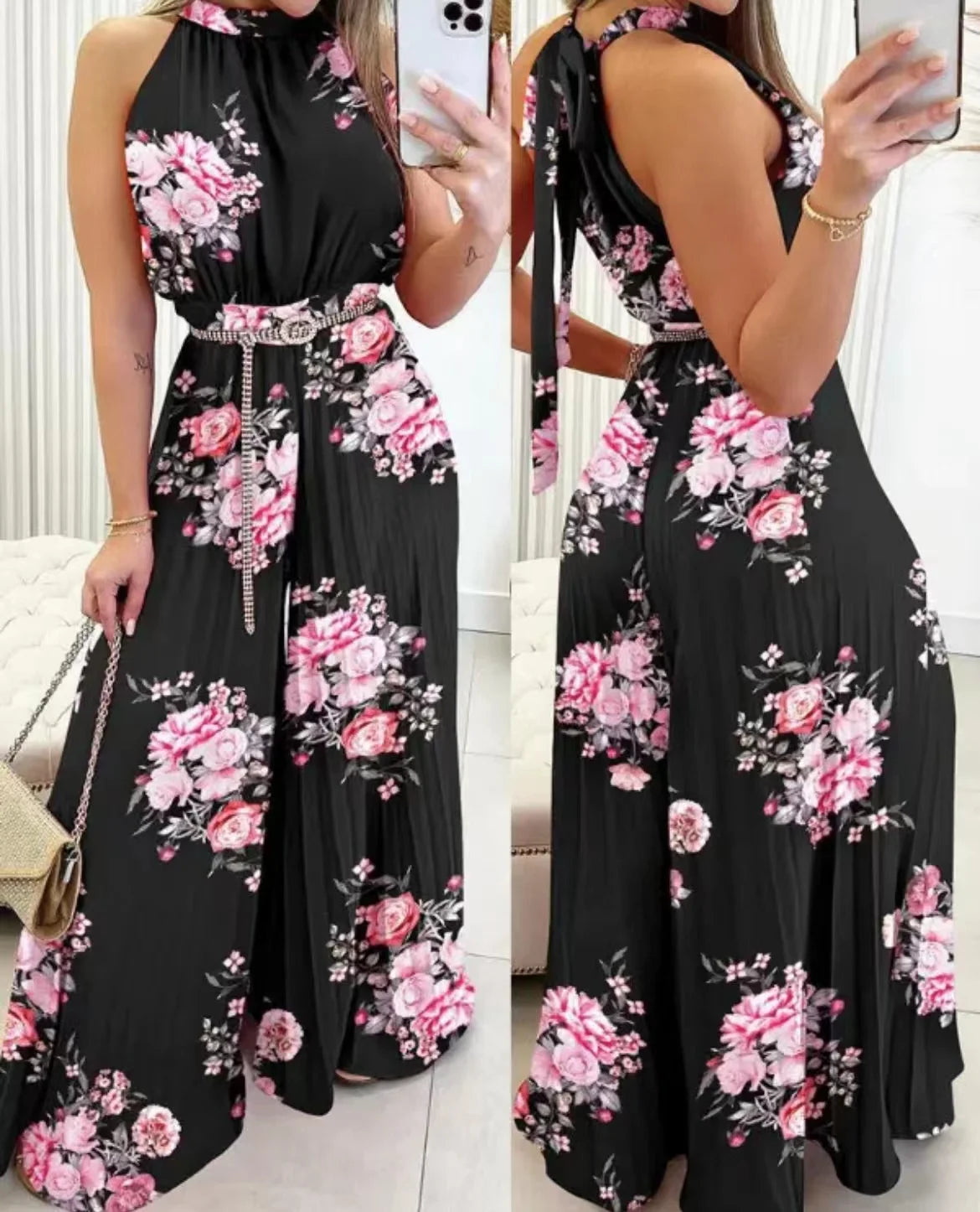 Summer Fashion Beach Style Floral Pleated Jumpsuit Women